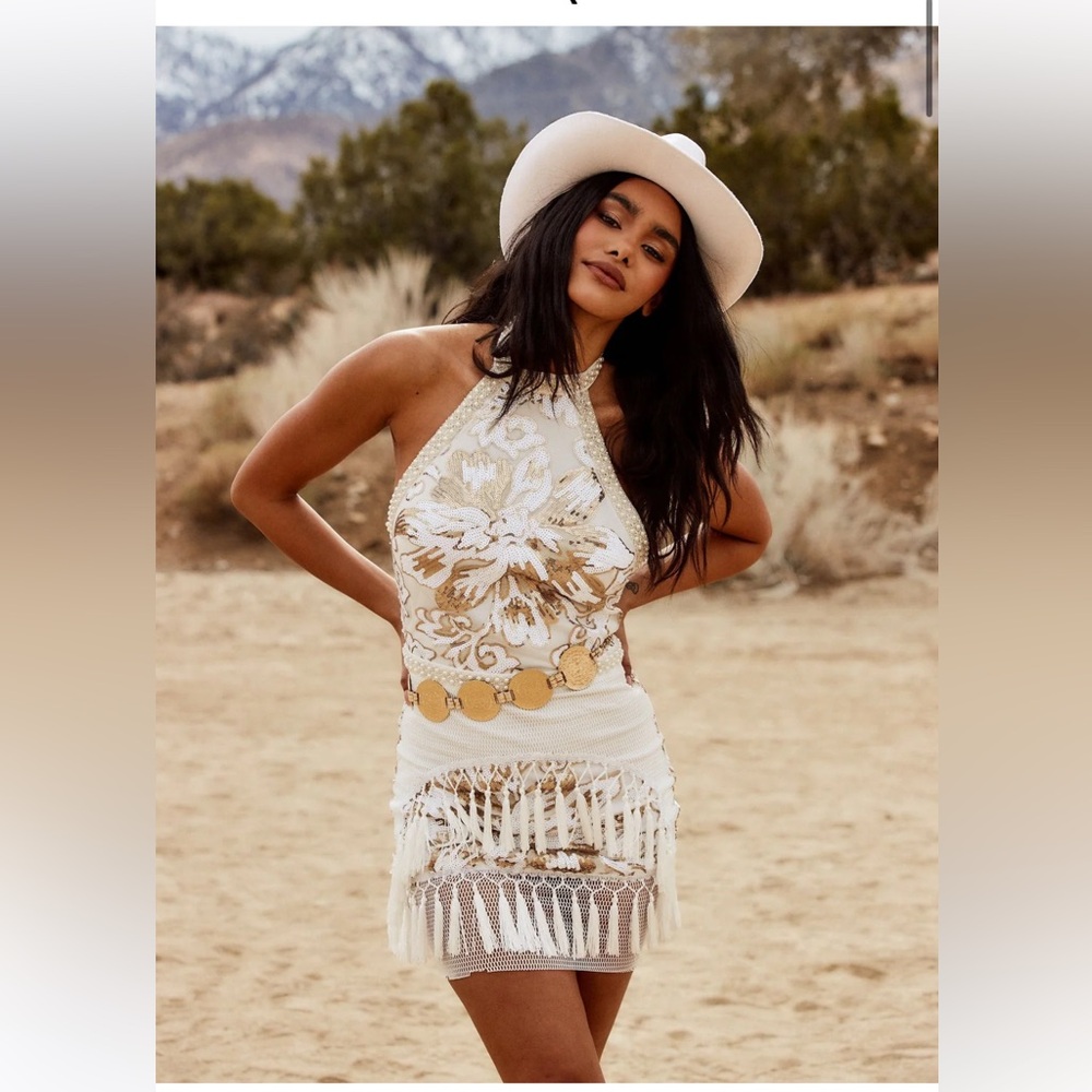 12th tribe Like Gold Dust White Sequin Fringe Dress